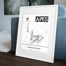 Lade das Bild in den Galerie-Viewer, Amsterdam Schiphol Airport (Flughafen AMS / EHAM) Light Poster - Minimal - Vorschau in einem Wohnzimmer am Boden aufgestellt und auf der Couch angelehnt