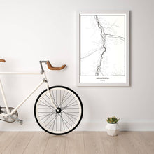 Lade das Bild in den Galerie-Viewer, Bischofshofen Light Poster - Minimal - Vorschau in einem hellen Zimmer mit Fahrrad an Wand angelehnt