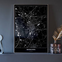 Lade das Bild in den Galerie-Viewer, Braunschweig Dark Poster - Minimal - Vorschau neben Dekoartikeln vor dunkelgrauer Wand