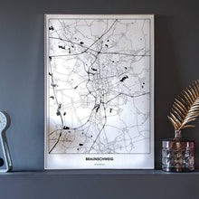 Lade das Bild in den Galerie-Viewer, Braunschweig Light Poster - Minimal - Vorschau neben Dekoartikeln vor dunkelgrauer Wand