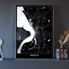 Lade das Bild in den Galerie-Viewer, Bremerhaven Dark Poster - Minimal - Vorschau neben Dekoartikeln vor dunkelgrauer Wand