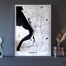Lade das Bild in den Galerie-Viewer, Bremerhaven Light Poster - Minimal - Vorschau neben Dekoartikeln vor dunkelgrauer Wand
