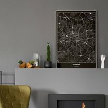 Lade das Bild in den Galerie-Viewer, Dortmund Dark Poster - Minimal - Vorschau in einem eleganten Zimmer mit Kamin und grauer Wandfarbe