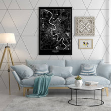 Lade das Bild in den Galerie-Viewer, Düsseldorf Dark Poster - Minimal - Vorschau in einem hell eingerichtetem Wohnzimmer