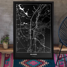 Lade das Bild in den Galerie-Viewer, Erlangen Dark Poster - Minimal - Vorschau aufgestellt auf Boden an grauer Wand angelehnt