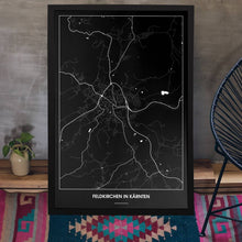 Lade das Bild in den Galerie-Viewer, Feldkirchen in Kärnten Dark Poster - Minimal - Vorschau aufgestellt auf Boden an grauer Wand angelehnt