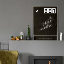 Lade das Bild in den Galerie-Viewer, Flughafen Berlin Brandenburg (BER / EDDB) Dark Poster - Minimal - Vorschau in einem eleganten Zimmer mit Kamin und grauer Wandfarbe