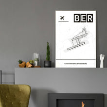 Lade das Bild in den Galerie-Viewer, Flughafen Berlin Brandenburg (BER / EDDB) Light Poster - Minimal - Vorschau in einem eleganten Zimmer mit Kamin und grauer Wandfarbe