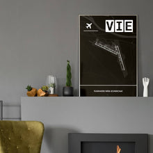 Lade das Bild in den Galerie-Viewer, Flughafen Wien-Schwechat (VIE / LOWW) Dark Poster - Minimal - Vorschau in einem eleganten Zimmer mit Kamin und grauer Wandfarbe