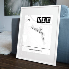 Lade das Bild in den Galerie-Viewer, Flughafen Wien-Schwechat (VIE / LOWW) Light Poster - Minimal - Vorschau in einem Wohnzimmer am Boden aufgestellt und auf der Couch angelehnt