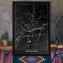 Lade das Bild in den Galerie-Viewer, Frankfurt am Main Dark Poster - Minimal - Vorschau aufgestellt auf Boden an grauer Wand angelehnt