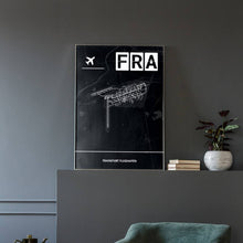 Lade das Bild in den Galerie-Viewer, Frankfurt Flughafen (FRA / EDDF) Dark Poster - Minimal - Vorschau in einem eleganten Zimmer mit Sessel und grauer Wand
