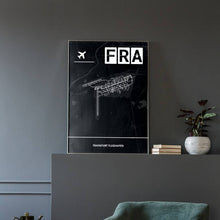 Lade das Bild in den Galerie-Viewer, Frankfurt Flughafen (FRA / EDDF) Dark Poster - Minimal - Vorschau in einem eleganten Zimmer mit Sessel und grauer Wand