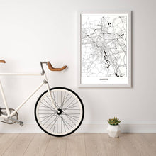 Lade das Bild in den Galerie-Viewer, Hannover Light Poster - Minimal - Vorschau in einem hellen Zimmer mit Fahrrad an Wand angelehnt