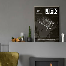 Lade das Bild in den Galerie-Viewer, John F. Kennedy International Airport (Flughafen New York JFK / KJFK) Dark Poster - Minimal - Vorschau in einem eleganten Zimmer mit Kamin und grauer Wandfarbe