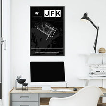 Lade das Bild in den Galerie-Viewer, John F. Kennedy International Airport (Flughafen New York JFK / KJFK) Dark Poster - Minimal - Vorschau über Schreibtisch vor einer weißen Wand
