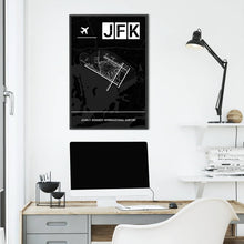 Lade das Bild in den Galerie-Viewer, John F. Kennedy International Airport (Flughafen New York JFK / KJFK) Dark Poster - Minimal - Vorschau über Schreibtisch vor einer weißen Wand
