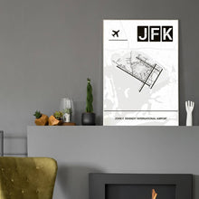 Lade das Bild in den Galerie-Viewer, John F. Kennedy International Airport (Flughafen New York JFK / KJFK) Light Poster - Minimal - Vorschau in einem eleganten Zimmer mit Kamin und grauer Wandfarbe