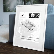 Lade das Bild in den Galerie-Viewer, John F. Kennedy International Airport (Flughafen New York JFK / KJFK) Light Poster - Minimal - Vorschau in einem Wohnzimmer am Boden aufgestellt und auf der Couch angelehnt