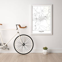 Lade das Bild in den Galerie-Viewer, Kaiserslautern Light Poster - Minimal - Vorschau in einem hellen Zimmer mit Fahrrad an Wand angelehnt