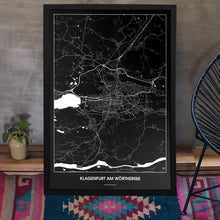 Lade das Bild in den Galerie-Viewer, Klagenfurt am Wörthersee Dark Poster - Minimal - Vorschau aufgestellt auf Boden an grauer Wand angelehnt