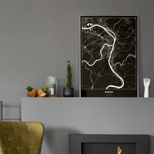 Lade das Bild in den Galerie-Viewer, Koblenz Dark Poster - Minimal - Vorschau in einem eleganten Zimmer mit Kamin und grauer Wandfarbe