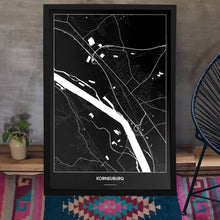 Lade das Bild in den Galerie-Viewer, Korneuburg Dark Poster - Minimal - Vorschau aufgestellt auf Boden an grauer Wand angelehnt