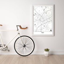 Lade das Bild in den Galerie-Viewer, Krefeld Light Poster - Minimal - Vorschau in einem hellen Zimmer mit Fahrrad an Wand angelehnt