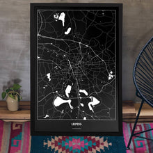 Lade das Bild in den Galerie-Viewer, Leipzig Dark Poster - Minimal - Vorschau aufgestellt auf Boden an grauer Wand angelehnt