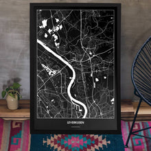 Lade das Bild in den Galerie-Viewer, Leverkusen Dark Poster - Minimal - Vorschau aufgestellt auf Boden an grauer Wand angelehnt
