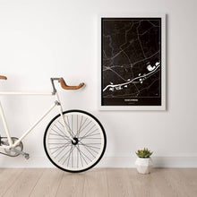 Lade das Bild in den Galerie-Viewer, Marchtrenk Dark Poster - Minimal - Vorschau in einem hellen Zimmer mit Fahrrad an Wand angelehnt