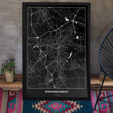 Lade das Bild in den Galerie-Viewer, Mönchengladbach Dark Poster - Minimal - Vorschau aufgestellt auf Boden an grauer Wand angelehnt