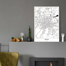 Lade das Bild in den Galerie-Viewer, München Light Poster - Minimal - Vorschau in einem eleganten Zimmer mit Kamin und grauer Wandfarbe