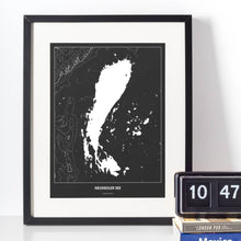 Lade das Bild in den Galerie-Viewer, Neusiedler See Dark Poster - Minimal - Vorschau vor weißer Wand zusammen mit Dekoartikeln