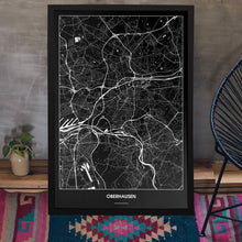 Lade das Bild in den Galerie-Viewer, Oberhausen Dark Poster - Minimal - Vorschau aufgestellt auf Boden an grauer Wand angelehnt