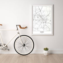 Lade das Bild in den Galerie-Viewer, Osnabrück Light Poster - Minimal - Vorschau in einem hellen Zimmer mit Fahrrad an Wand angelehnt
