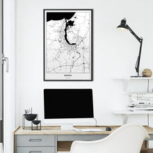 Lade das Bild in den Galerie-Viewer, Rostock Light Poster - Minimal - Vorschau über Schreibtisch vor einer weißen Wand