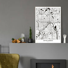 Lade das Bild in den Galerie-Viewer, Saint Paul, Minnesota Light Poster - Minimal - Vorschau in einem eleganten Zimmer mit Kamin und grauer Wandfarbe