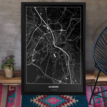 Lade das Bild in den Galerie-Viewer, Salzburg Dark Poster - Minimal - Vorschau aufgestellt auf Boden an grauer Wand angelehnt