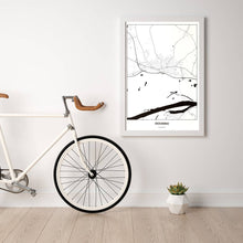 Lade das Bild in den Galerie-Viewer, Stockerau Light Poster - Minimal - Vorschau in einem hellen Zimmer mit Fahrrad an Wand angelehnt