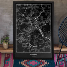 Lade das Bild in den Galerie-Viewer, Stuttgart Dark Poster - Minimal - Vorschau aufgestellt auf Boden an grauer Wand angelehnt