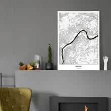 Lade das Bild in den Galerie-Viewer, Wachau Light Poster - Minimal - Vorschau in einem eleganten Zimmer mit Kamin und grauer Wandfarbe