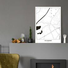 Lade das Bild in den Galerie-Viewer, Wals-Siezenheim Light Poster - Minimal - Vorschau in einem eleganten Zimmer mit Kamin und grauer Wandfarbe
