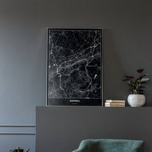 Lade das Bild in den Galerie-Viewer, Wuppertal Dark Poster - Minimal - Vorschau in einem eleganten Zimmer mit Sessel und grauer Wand

