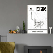 Lade das Bild in den Galerie-Viewer, Amsterdam Schiphol Airport (Flughafen AMS / EHAM) Light Poster - Minimal - Vorschau in einem eleganten Zimmer mit Kamin und grauer Wandfarbe
