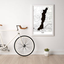 Lade das Bild in den Galerie-Viewer, Attersee Light Poster - Minimal - Vorschau in einem hellen Zimmer mit Fahrrad an Wand angelehnt
