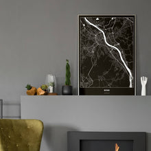 Lade das Bild in den Galerie-Viewer, Bonn Dark Poster - Minimal - Vorschau in einem eleganten Zimmer mit Kamin und grauer Wandfarbe
