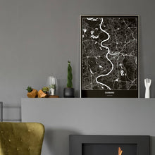 Lade das Bild in den Galerie-Viewer, Duisburg Dark Poster - Minimal - Vorschau in einem eleganten Zimmer mit Kamin und grauer Wandfarbe
