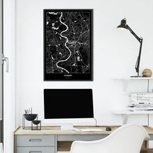 Lade das Bild in den Galerie-Viewer, Duisburg Dark Poster - Minimal - Vorschau über Schreibtisch vor einer weißen Wand
