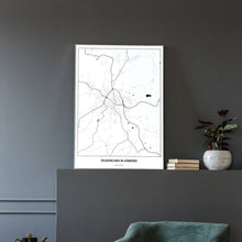 Lade das Bild in den Galerie-Viewer, Feldkirchen in Kärnten Light Poster - Minimal - Vorschau in einem eleganten Zimmer mit Sessel und grauer Wand
